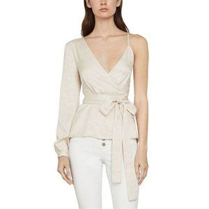 NWT BCBGMAXAZRIA Womens One Shoulder Metallic Wrap Top XS Beige Satin Tie